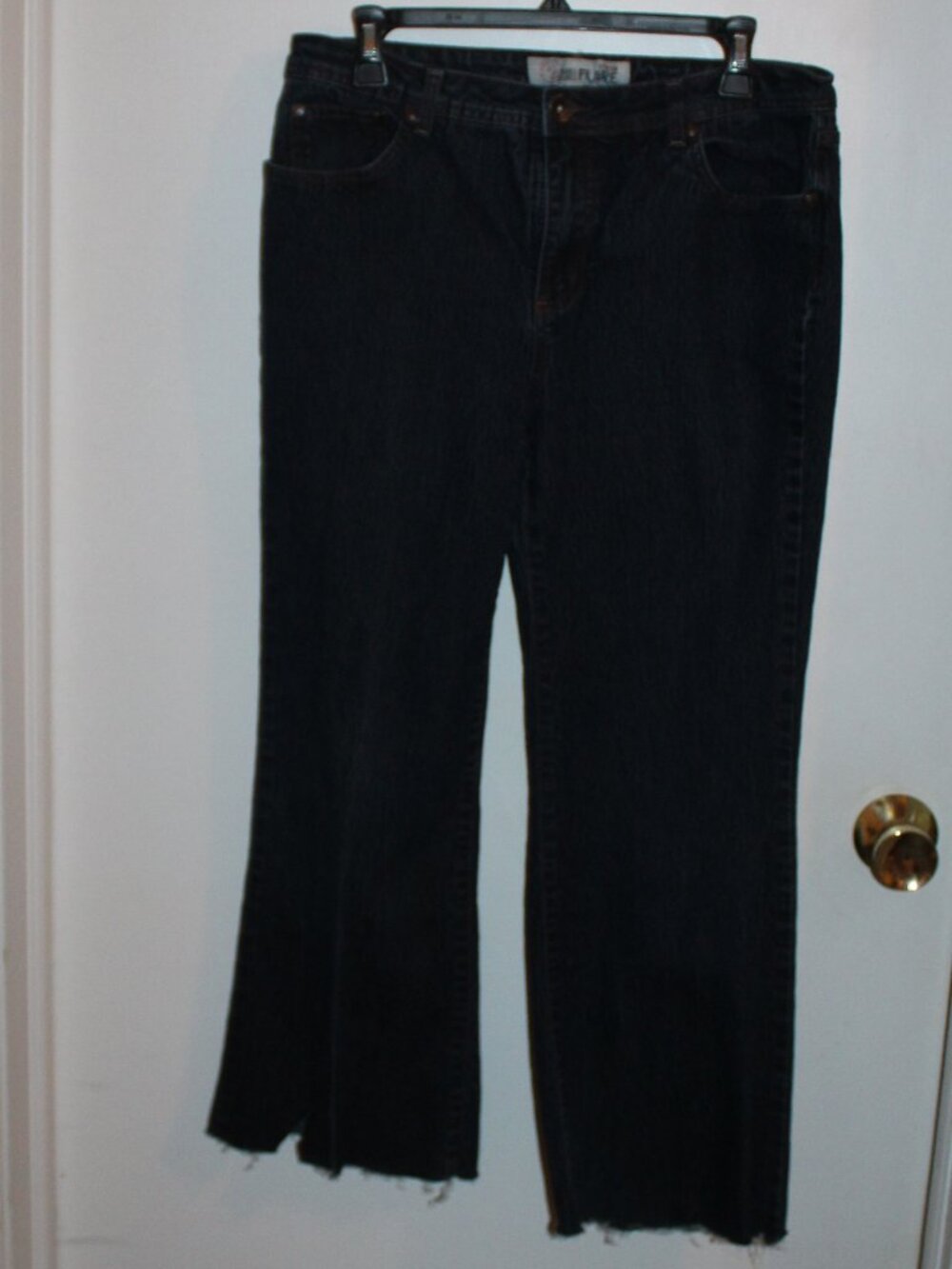 Faded Glory dark wash flared jeans a raw, distressed hem 5 pocket